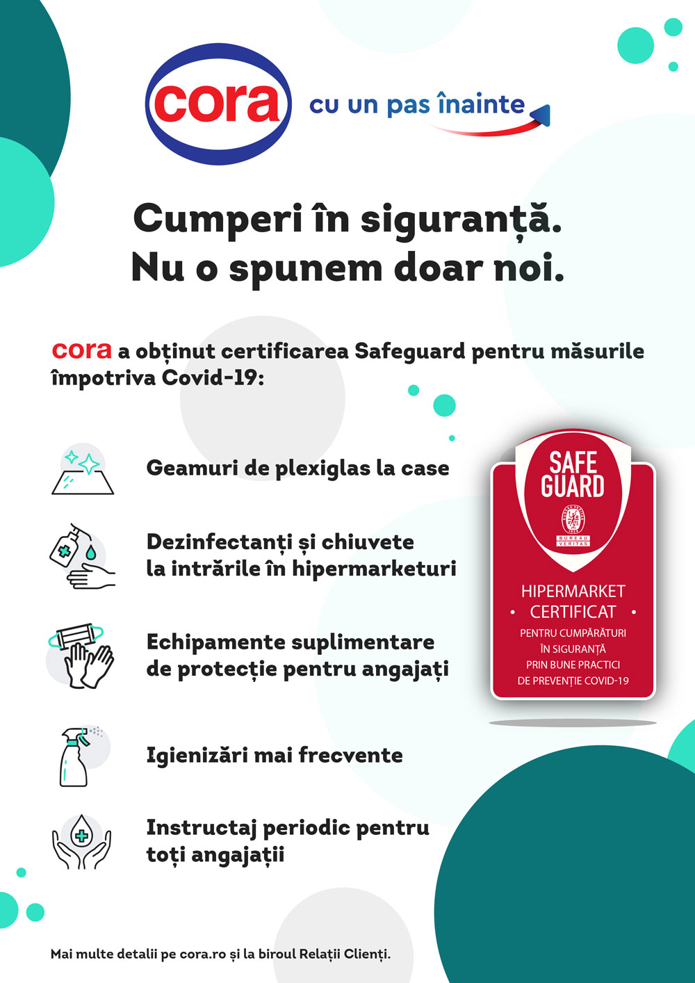 Hypermarketurile Cora, certificate Safeguard de Bureau Veritas, pentru aplicarea masurilor de preventie anti Covid 19.